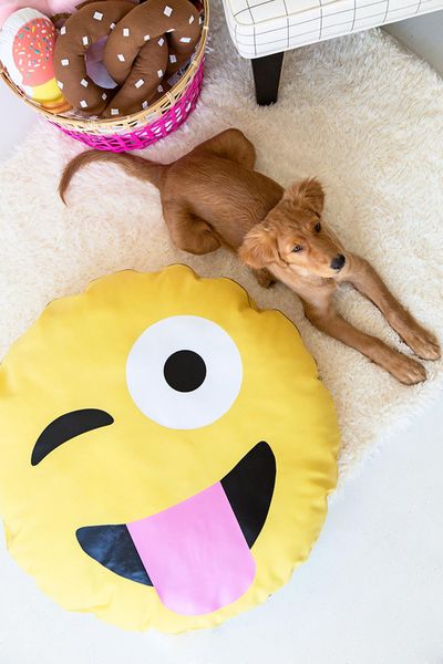 Crafter Kelly Mindell of StudioDIY.com transformed a large, plain yellow pillow into an emoji pet bed with the help of iron-on fabric pieces. (Jeff Mindell / Associated Press)