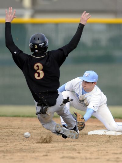 U-Hi’s Jacob Olsufka beats ball to second base for a steal as CV shortstop Dane Berg covers the bag.  (Colin Mulvany / The Spokesman-Review)