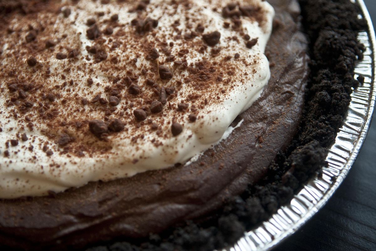 A chocolate pie at Birdie’s Pie Shop in Post Falls on Jan. 8. (Kathy Plonka / The Spokesman-Review)