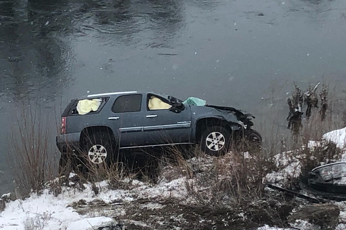 A pregnant woman was rescued after her crashed along Upriver Drive on Saturday morning, March 14, 2020. (Spokane Police Department / Courtesy)