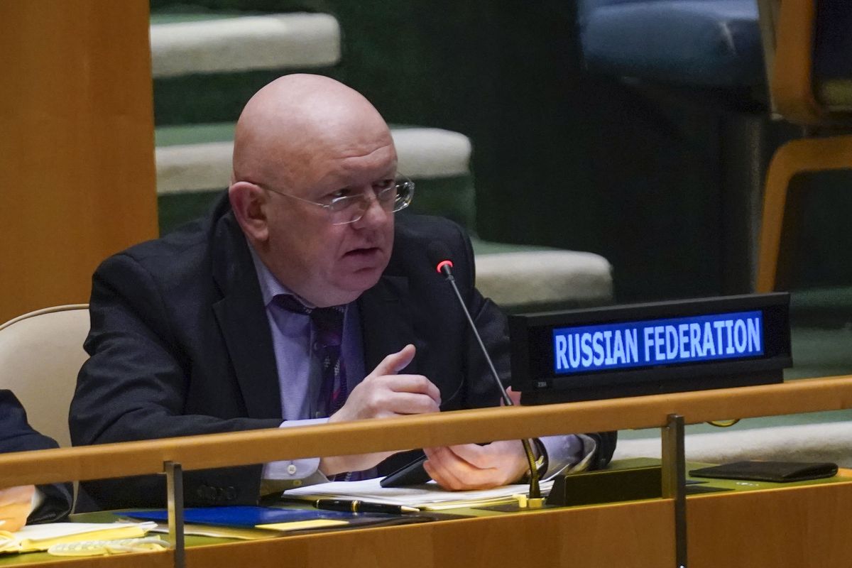 Russian Ambassador to the United Nations Vasily Nebenzya speaks during an emergency meeting of the General Assembly at United Nations headquarters, Thursday, March 24, 2022.  (Seth Wenig)