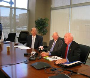 Environmental lawyer Laird Lucas, left, joins former Govs. Phil Batt and Cecil Andrus at a news conference on Thursday in Boise (Betsy Russell)