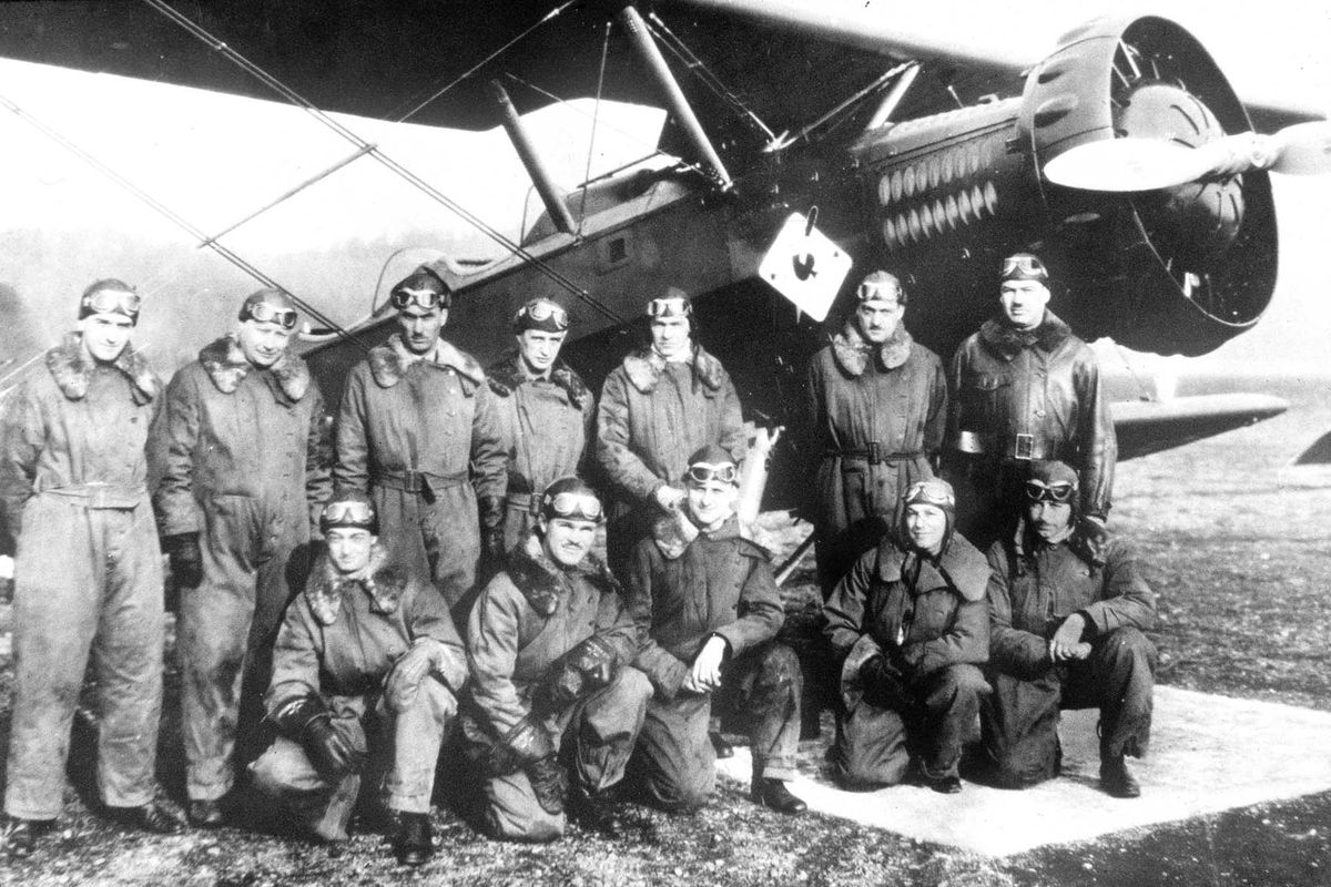 Circa 1931-1939: Airmen pose for a photo in bearskin flight suits.  (Courtesy Fairchild Airforce Base)