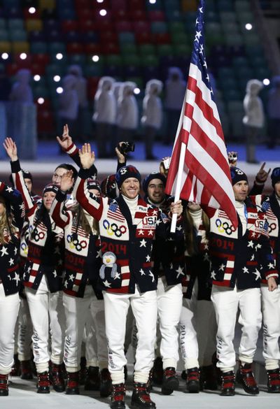 Todd Lodwick of the United States leads the team during the opening ceremony of the 2014 Winter Olympics in Sochi, Russia on Feb. 7. (Associated Press)