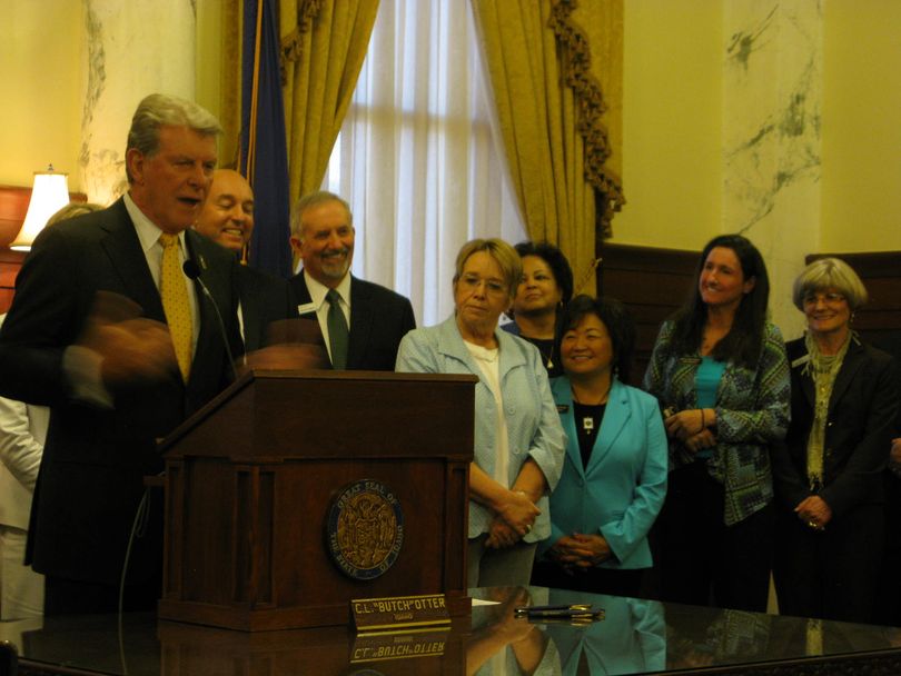 Gov. Butch Otter speaks at the bill-signing for the career ladder teacher pay bill, in the governor's office on Thursday (Betsy Russell)