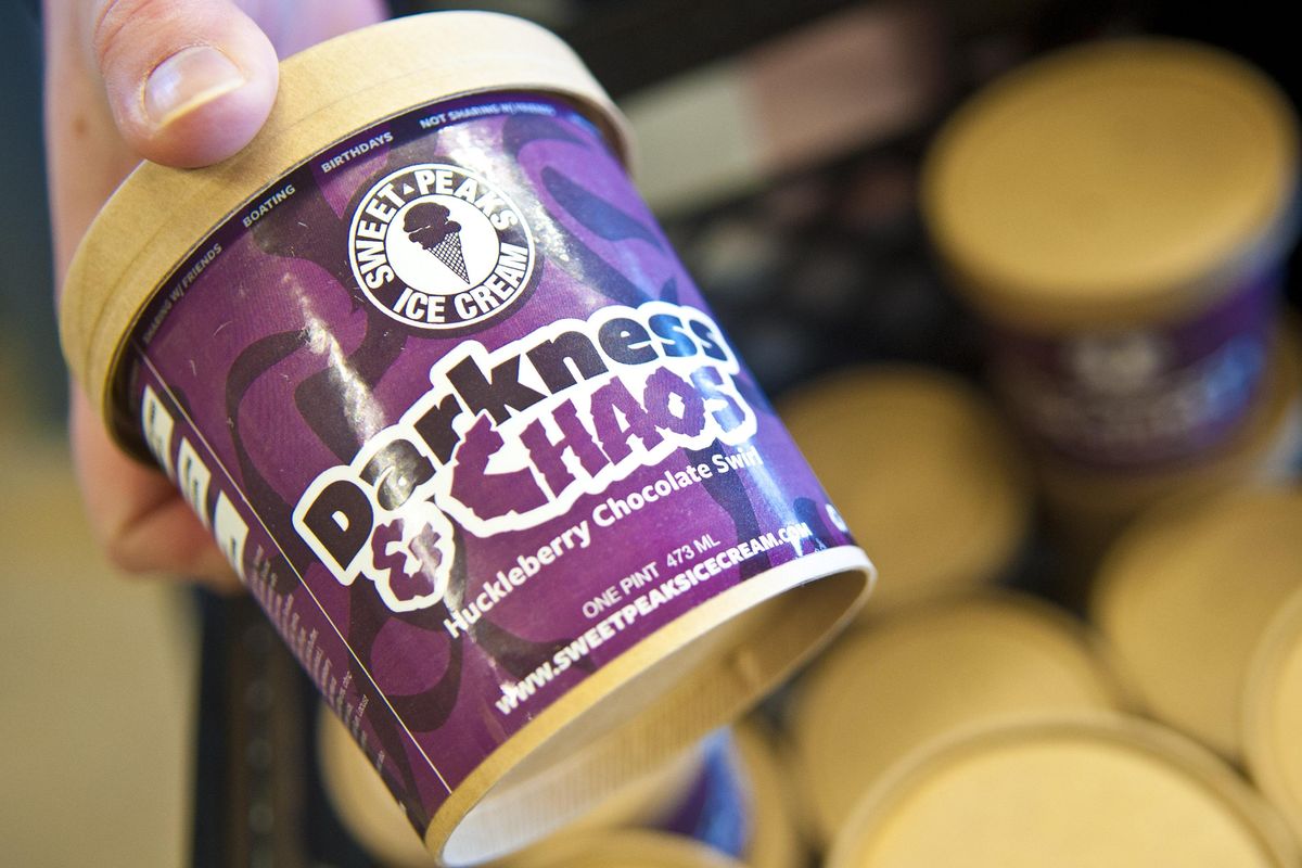 Darkness & Chaos ice cream named after a quote by Bloomsday founder Don Kardong, "without ice cream there would be darkness & chaos," was revealed during the Bloomsday kickoff news conference on Tuesday. Kardong will retire after the 2019 run. (Kathy Plonka / The Spokesman-Review)