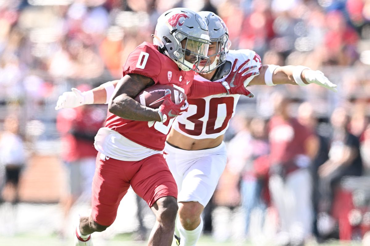 Washington State receiver DT Sheffield looks for extra yards after a reception as nickel Jackson Lataimua pursues during the Cougars’ Crimson and Gray Game on Saturday.  (Tyler Tjomsland/The Spokesman-Review)