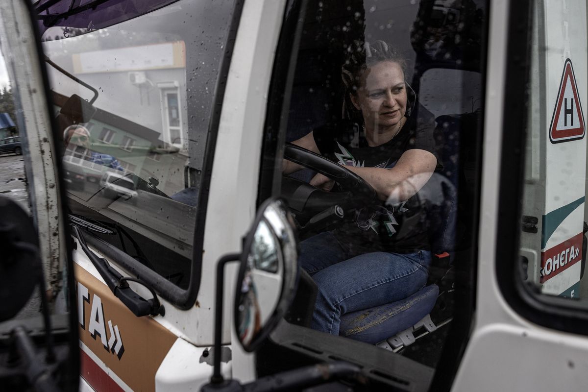 Olena Richko takes lessons on becoming a truck driver, in Kyiv, the capital of Ukraine, June 15, 2024. More and more women are replacing men mobilized in the army, but there are not enough of them to make up for the labor shortage affecting Ukraine’s economy. (Finbarr O