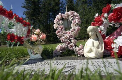 
A grave at St. Joseph Cemetery in Spokane Valley is adorned with flowers and keepsakes. There is a growing trend of thefts of items left at gravesites in cemeteries. 
 (Liz Kishimoto / The Spokesman-Review)
