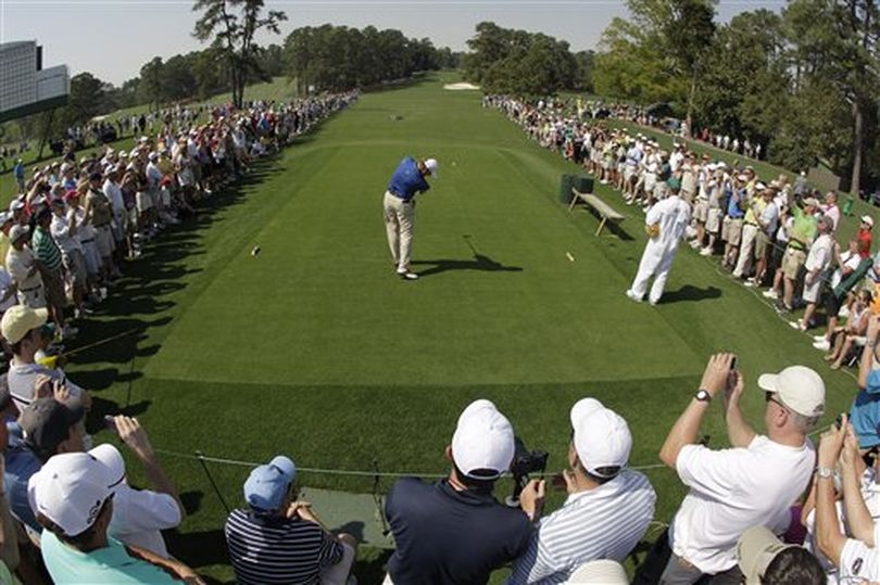 Ernie Els of South Africa tees off on the eighth hole during a practice round at the Masters golf tournament in Augusta, Ga., Tuesday, April 6, 2010. The tournament begins Thursday, April, 8.  (Charlie Riedel / AP Photo)