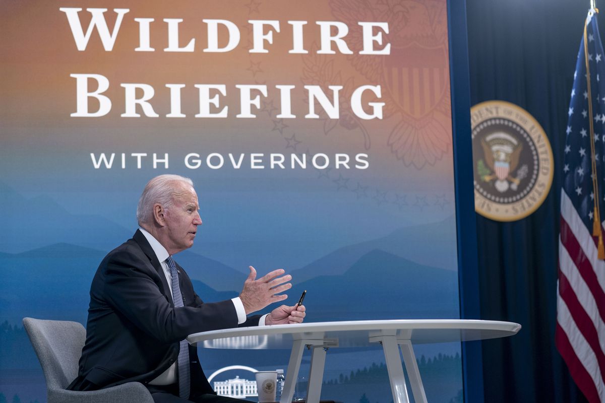 President Joe Biden speaks during a meeting with governors to discuss ongoing efforts to strengthen wildfire prevention, preparedness and response efforts, and hear firsthand about the ongoing impacts of the 2021 wildfire season in the South Court Auditorium in the Eisenhower Executive Office Building on the White House Campus in Washington, Friday, July 30, 2021. (Andrew Harnik)