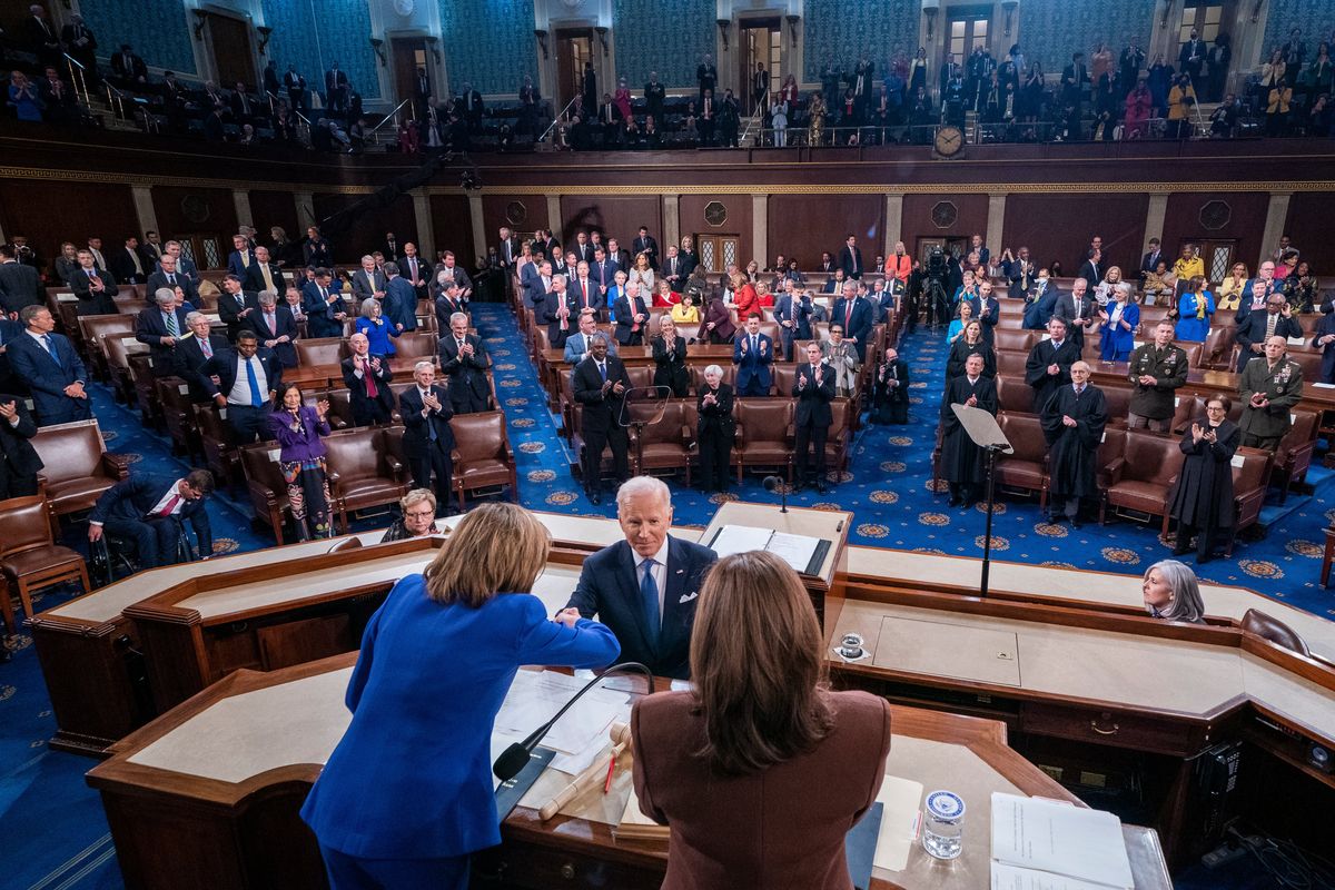 President Joe Biden shakes hands with Vice President Kamala Harris and Speaker of the House Nancy Pelosi of Calif., after delivering his first State of the Union address to a joint session of Congress at the Capitol, Tuesday, March 1, 2022, in Washington.   (Shawn Thew/Pool via Associated Press)