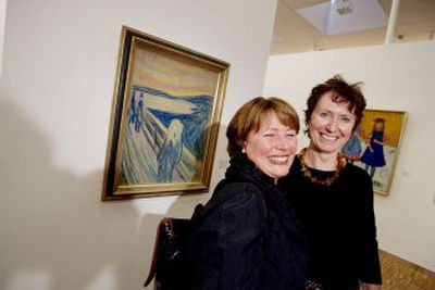 
Gro Balas, Munch Museum chairman,  left, and colleague Jorunn Christoffersen smile in Oslo, Norway, Thursday, after Norway's police announced the stolen Edvard Munch masterpieces 