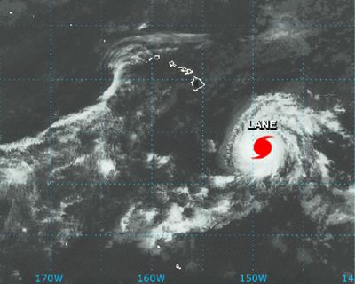 This NASA satellite imagery shows Hurricane Lane in the Central Pacific Ocean southeast of the Hawaiian Islands at 2:01 p.m. HST (21:01 GMT) Monday, Aug. 20, 2018. National Weather Service forecasters warn that the entire state of Hawaii needs to brace for a possible hurricane strike because of the uncertainty of Lane’s path and its intensity. As of Monday, the storm is about 600 miles  southeast of Hilo on the Big Island, or about 800 miles  from the state’s capital city of Honolulu. (AP)