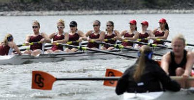 
WSU's varsity 8 rowing team takes control of the race against Oregon State on May 3 at Wawawai on the Snake River. The Cougars won by 4 seconds. 
 (Dan Pelle / The Spokesman-Review)