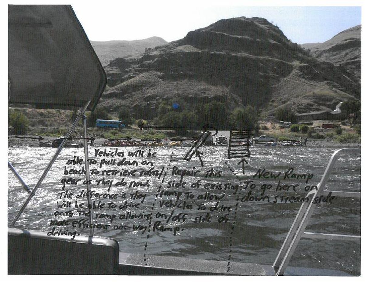Rough-draft photo illustration shows revised plan for adding a boat ramp on the Snake River at Heller Bar. (Washington Department of Fish and Wildlife)