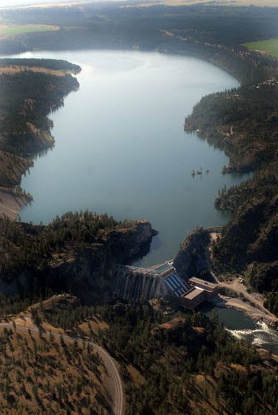 The Spokane River, dubbed Long Lake or Lake Spokane behind the Long Lake Dam, pools behind the dam, which generates the most power of any dam on the river, Tuesday, July 9, 2008.  (Jesse Tinsley)