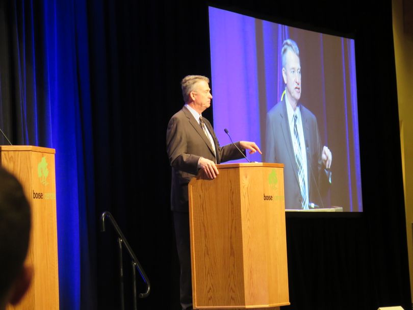 Idaho Lt. Gov. Brad Little addresses the Associated Taxpayers of Idaho annual conference on Wednesday, Dec. 6, 2017 in Boise. (Betsy Z. Russell)