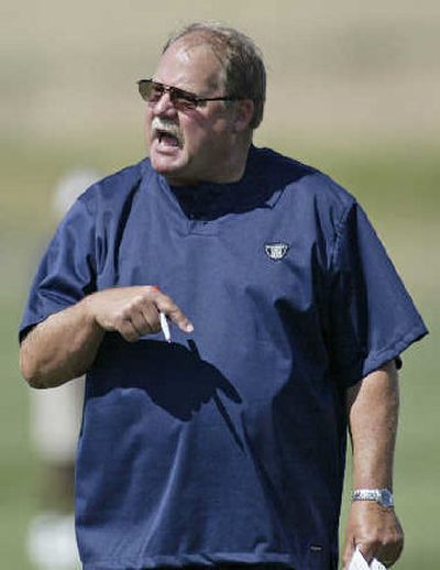 
Seahawks coach Mike Holmgren yells after tight end Jerramy Stevens ran the wrong route during workouts Thursday in Cheney.
 (Associated Press / The Spokesman-Review)