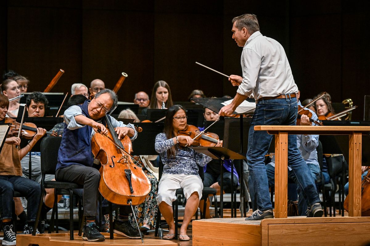 Renowned cellist Yo-Yo Ma performs under the direction of Spokane Symphony Conductor James Lowe during a rehearsal, Wednesday, Sept. 6, 2023, at the Fox Theater.  (DAN PELLE/THE SPOKESMAN-REVIEW)