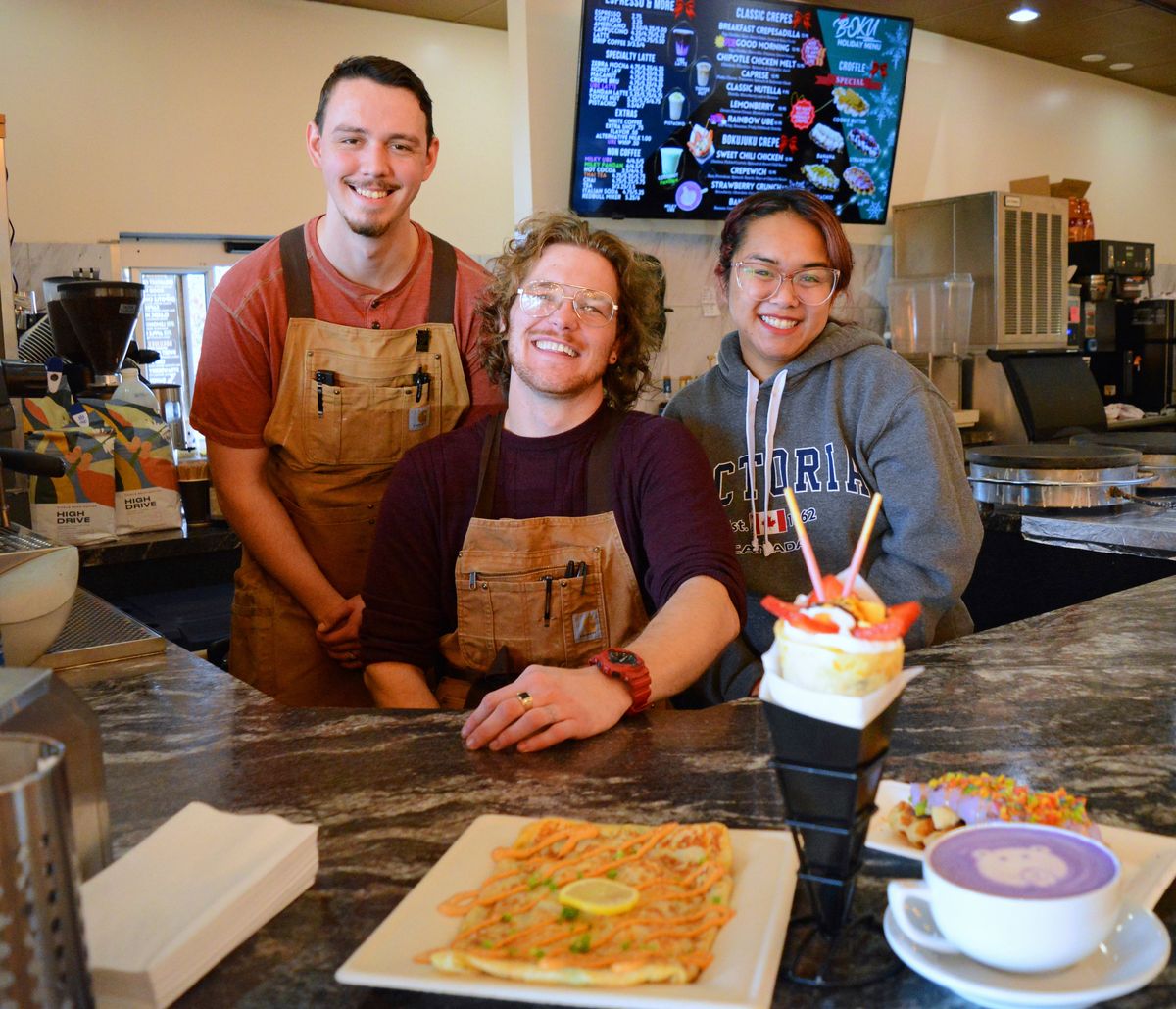 Garrett Maxey, Elijah Estle and co-owner Malinda Suom are part of the team at Café Boku Coffee and Crepes, a fusion-style creperie on East Hawthorne Road in north Spokane.  (Greg Mason/For The Spokesman-Review)