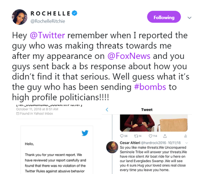 Rochelle Ritchie, a former KREM reporter turned Democratic strategist, says she warned Twitter two weeks ago about Cesar Sayoc, the Florida man now accused of mailing pipe bombs to more than a dozen prominent Democrats.