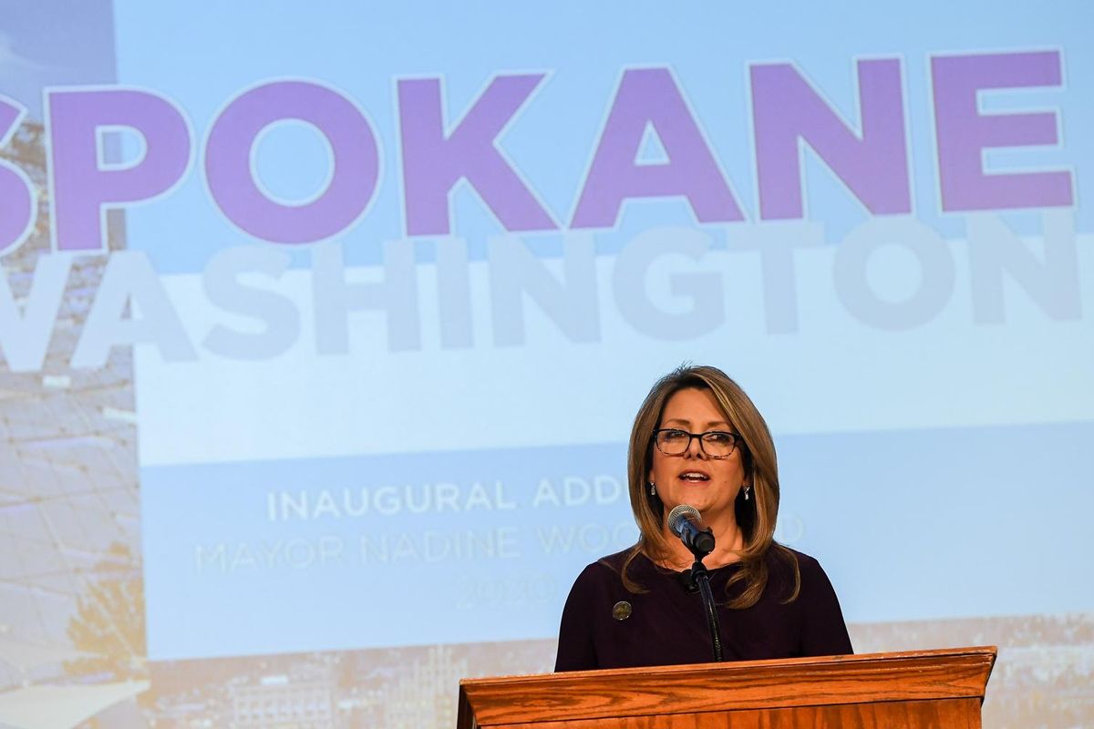 Spokane Mayor Nadine Woodward gives her first State of the City address during a Greater Spokane Incorporated meeting on Friday, Feb. 7, 2020, at the Spokane Convention Center in Spokane, Wash. (Tyler Tjomsland / The Spokesman-Review)