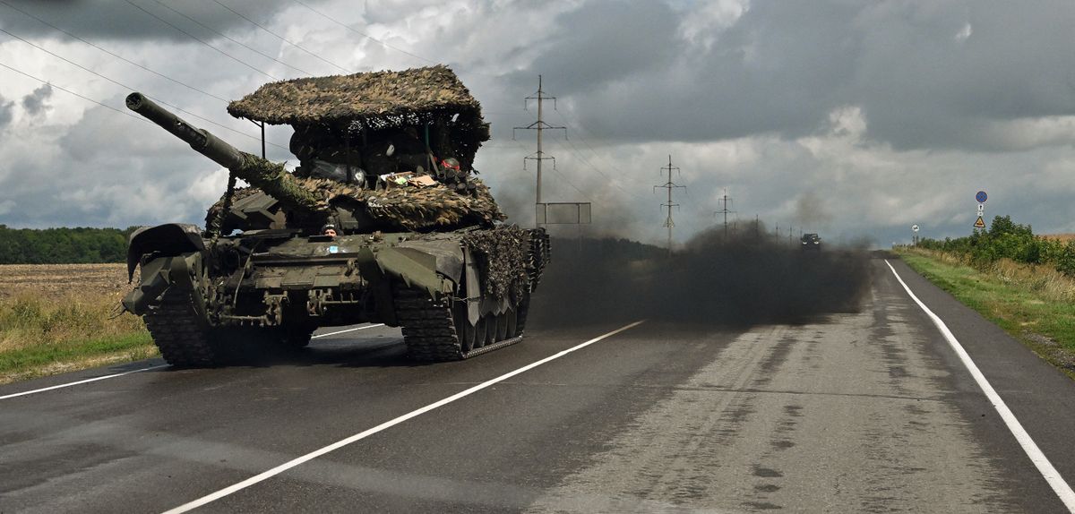 A Russian T-72 battle tank drives outside the town of Sudzha on Thursday amid Ukraine’s incursion into Russia.  (Anatoliy Zhdanov/Kommersant Photo/AFP)