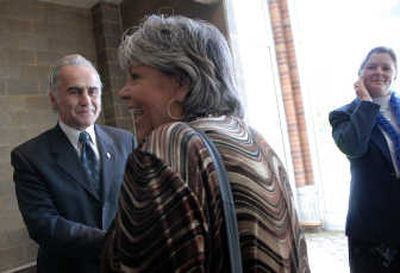 
Lynn Peterson, executive director of St. Vincent De Paul, was on hand to greet Philip Mangano, U.S. homelessness czar, during a meeting at Coeur d'Alene Library on Thursday about the homeless population in North Idaho. 
 (Kathy Plonka / The Spokesman-Review)
