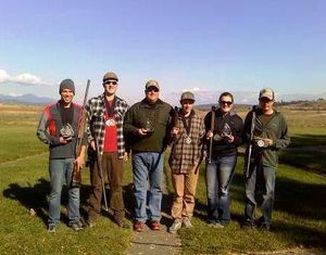 Members of the NIC Breaking Clays Club turned in award-winning performances at the Upper West Coast Conference Clay Target Championships held Oct. 11-13, 2013, in Spokane. Pictured are team members, from left: Jon Thurman, Grant Thurman, Ben Higgs (coach), Nick Higgs, Larkin Henkel (club president), and Tony Palin. (North Idaho College)