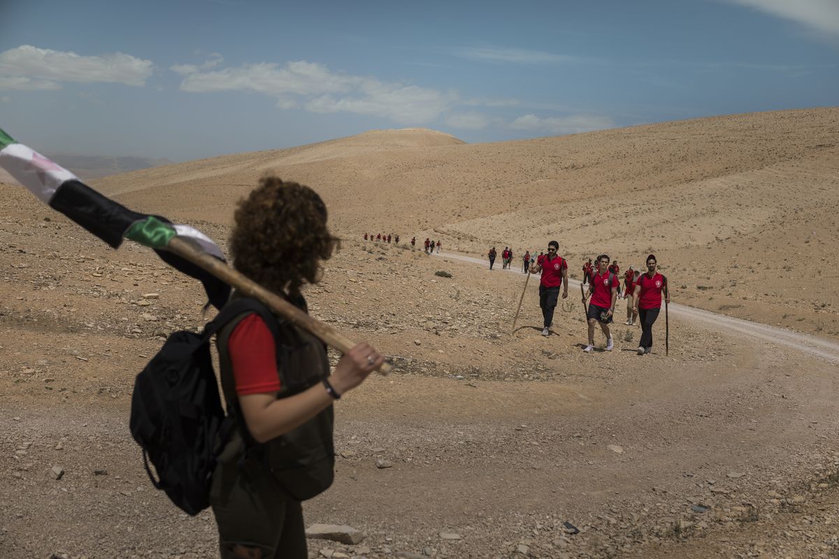 The “Me the Syrian” adventure group on a hike on May 9 to visit the monastery of Deir Mar Musa north of Damascus, Syria.  (DIEGO IBARRA SANCHEZ)