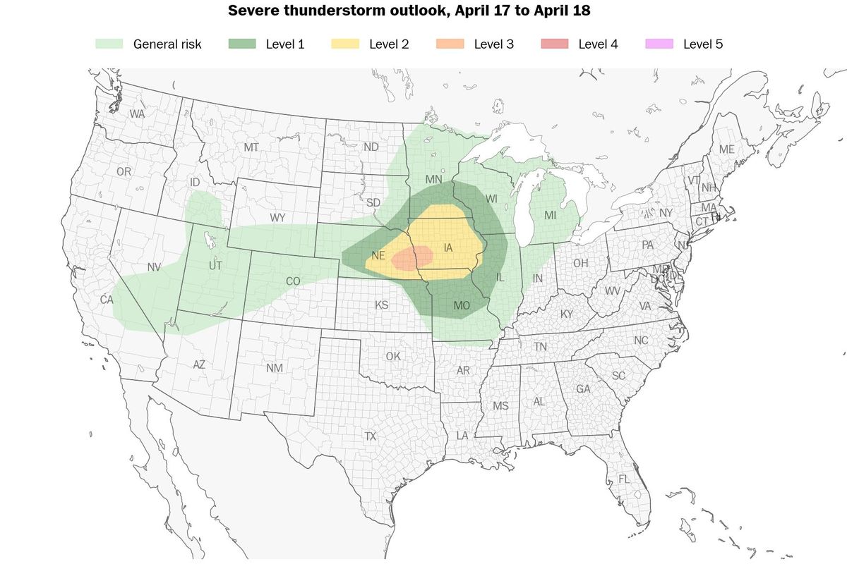 An enhanced risk (Level 3 out of 5) for severe thunderstorms covers parts of eastern Nebraska and western Iowa on Thursday.   (Ben Noll/The Washington Post. Source: NOAA/SPC)