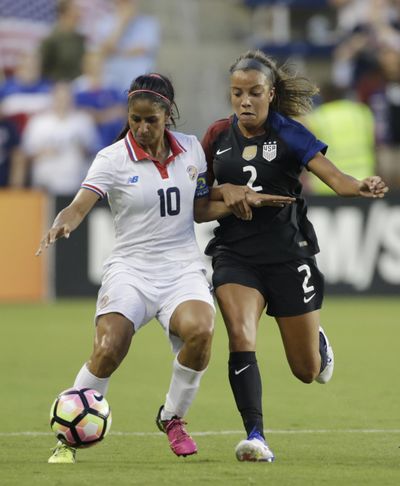 Forward Mallory Pugh, right, is the second-youngest woman to suit up for a U.S. Olympic soccer team. (Colin E. Braley / Associated Press)