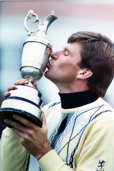 Nick Faldo kisses claret jug after winning the British Open at Muirfield, Scotland, in 1987. (Associated Press)