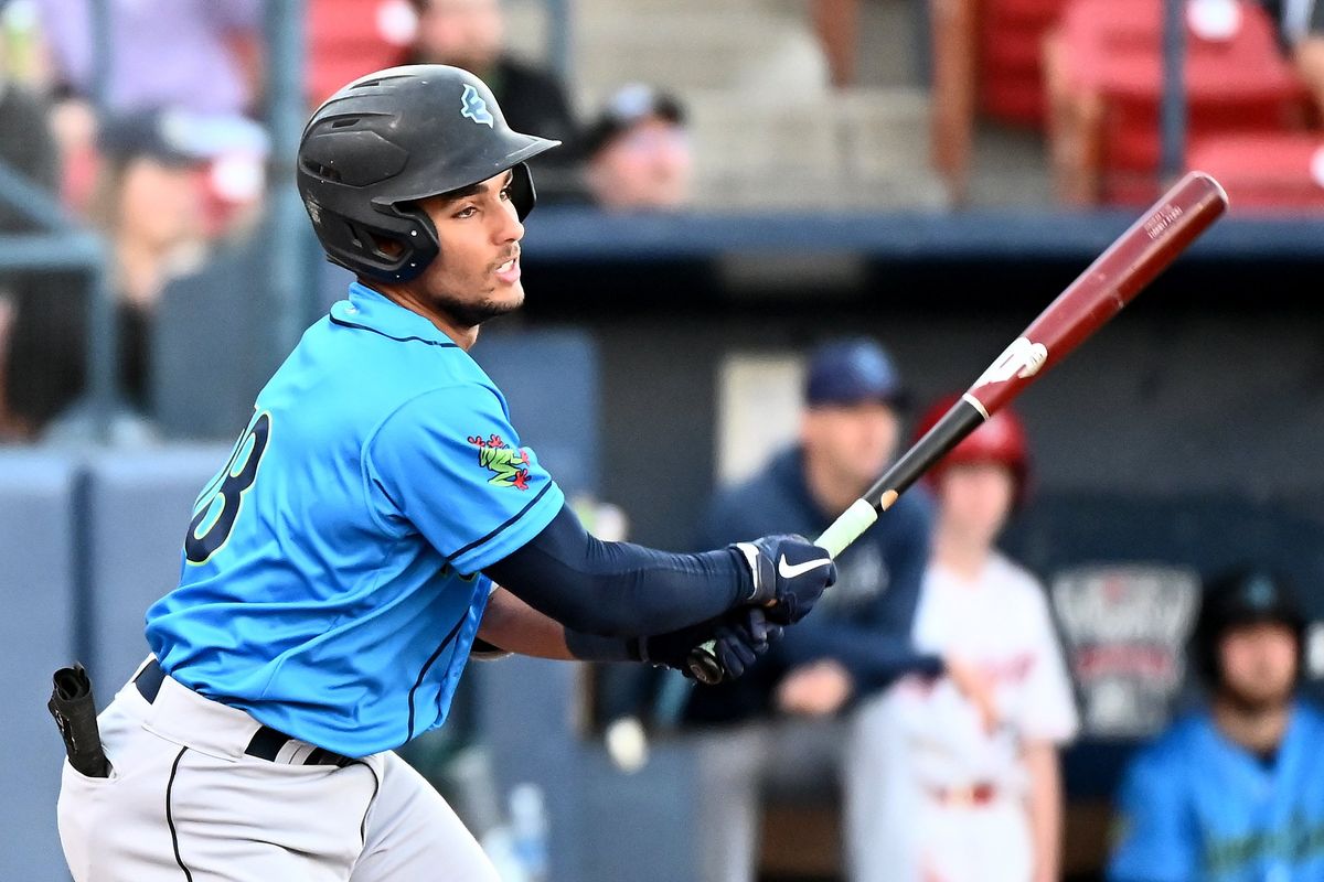 Everett AquaSox catcher Harry Ford swings against the Spokane Indians on Thursday at Avista Stadium.  (James Snook/Spokane Indians)