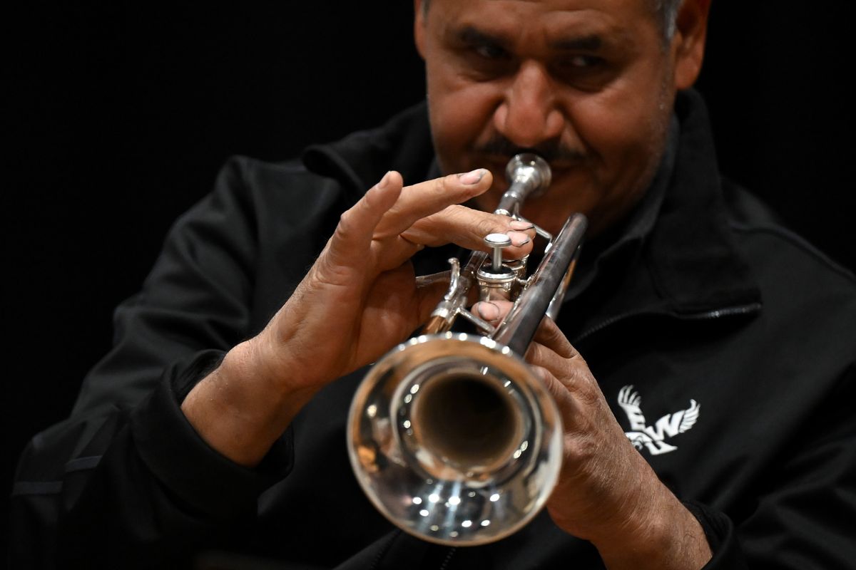 Jesus Lopez, 59, plays during a practice for Mariachi Las Aguilas on Tuesday, Apr. 29, 2025, on EWU’s Campus in Cheney, Wash. Lopez’ sons Alejandro Lopez and Abraham Lopez also play with the group. (Tyler Tjomsland/The Spokesman-Review)