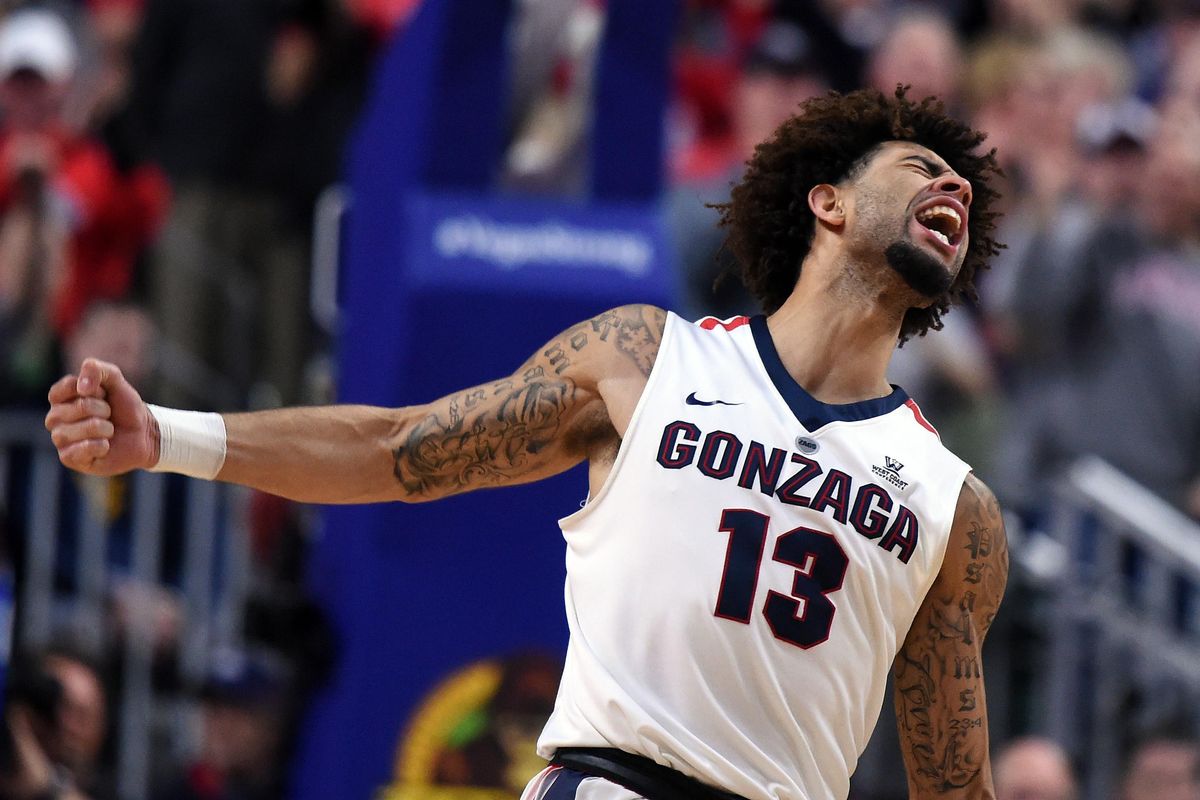 Gonzaga guard Josh Perkins (13) celebrates scoring and drawing a foul during the second half of a West Coast Conference Basketball Championships final game, Tues., March 6, 2018, at Orleans Arena in Las Vegas. (Colin Mulvany / The Spokesman-Review)