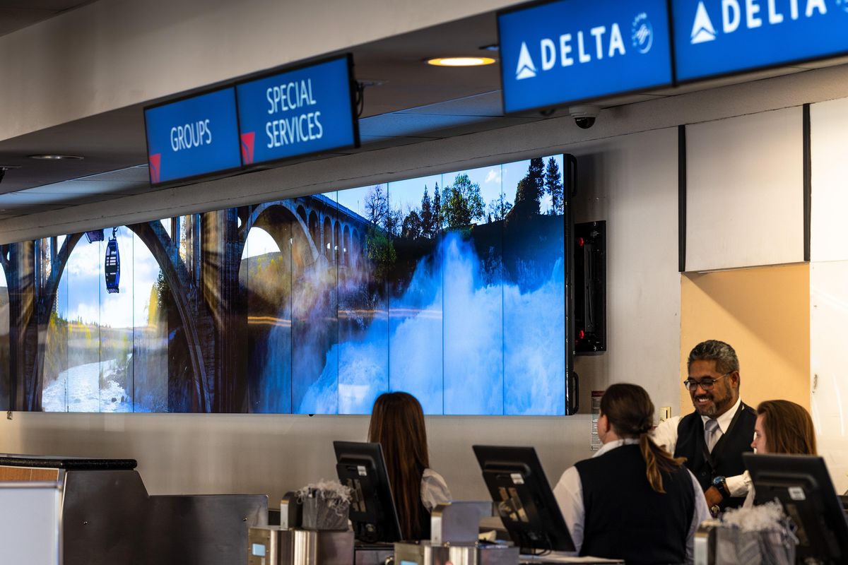 In the ticketing and terminal rotunda areas, Spokane International Airport has installed dynamic video displays that feature HD footage of iconic scenery around Spokane. (Colin Mulvany / The Spokesman-Review)