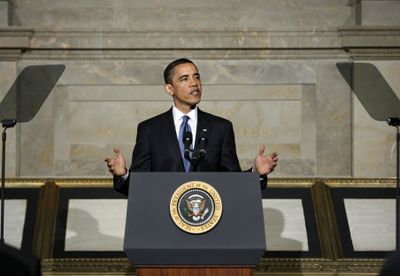 President Barack Obama delivers an address on national security, terrorism and Guantanamo Bay   in Washington on Thursday.  (Associated Press / The Spokesman-Review)