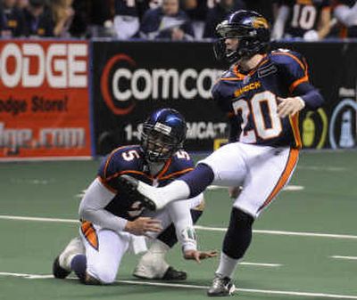 
Brian Jackson has connected on 26 consecutive extra points – and 30 of 31 overall – for the Spokane Shock. 
 (Dan Pelle / The Spokesman-Review)