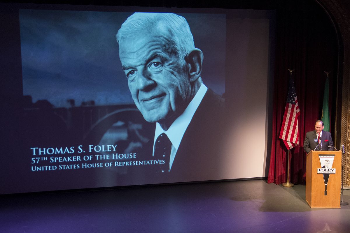 Master of ceremonies Randy Shaw speaks about his experiences with former Speaker of the House Thomas S. Foley during a living tribute Wednesday at the Bing Crosby Theater. The program featured short speeches, remembrances and video presentations. (Colin Mulvany)