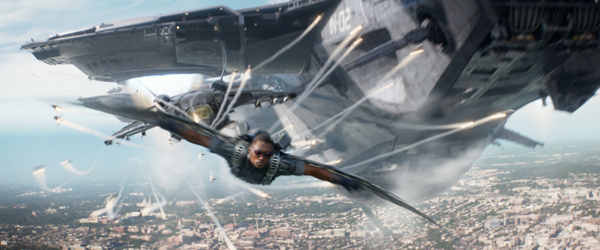 Anthony Mackie in a scene from “Captain America: The Winter Soldier.”