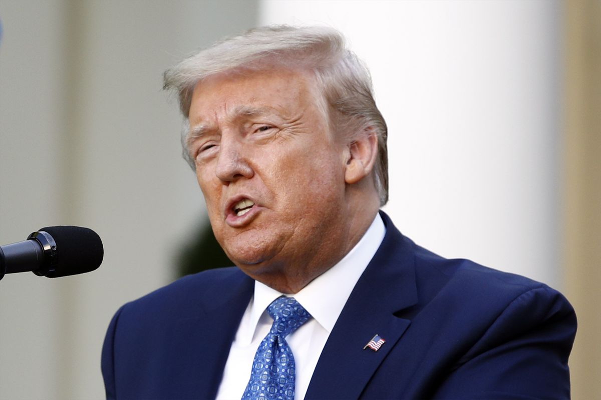 FILE - In this June 1, 2020, file photo, President Donald Trump speaks in the Rose Garden of the White House in Washington. Trump says that mail-in voting presents the greatest threat to his reelection hopes and he suggested that legal efforts in several states launched by his allies might decide November’s election. Trump has asserted without evidence that expanded mail-in voting will lead to the “greatest Rigged Election in history.”  (Patrick Semansky)