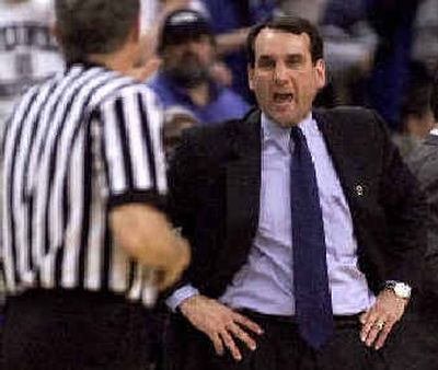 
Duke coach Mike Krzyzewski may have issued his last dissenting opinion to an NCAA Tournament official. 
 (Associated Press / The Spokesman-Review)