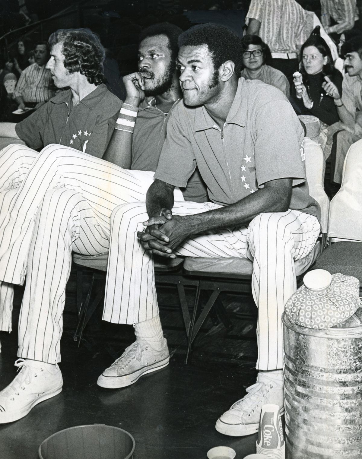Hal Greer, right, sits on the bench alongside Bob Rule during a Philadelphia 76ers game on Nov. 5, 1972.  (Tribune News Service)