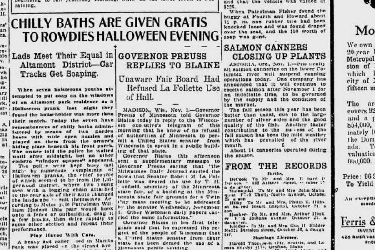 Two young Lidgerwood pranksters attached a logging chain to the rear of their auto and then wrapped the chain around fences and outbuildings and dragged them “a few blocks,” the Spokane Daily Chronicle reported on Nov. 1, 1922, in an article summarizing pranks and mayhem from Halloween night.  (Spokesman-Review archives)