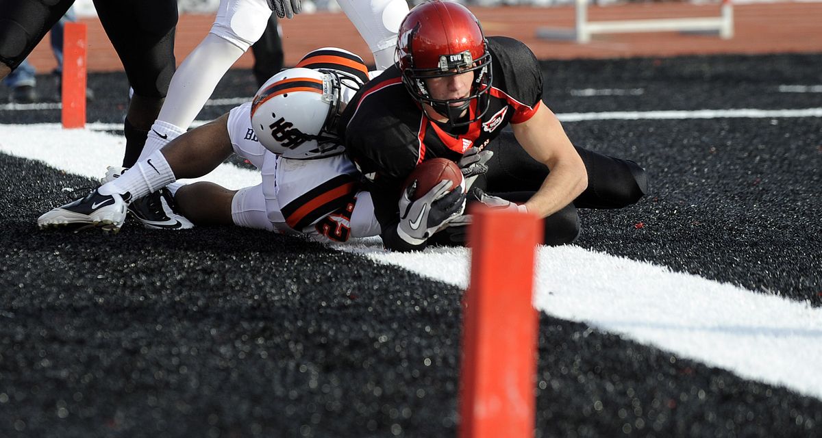 EWU wide receiver Brandon Kaufman lands at the back of the end zone with a catch for the first touchdown against Idaho State at Roos Field in Cheney, Wash., Saturday November 20, 2010. (Christopher Anderson / The Spokesman-Review)