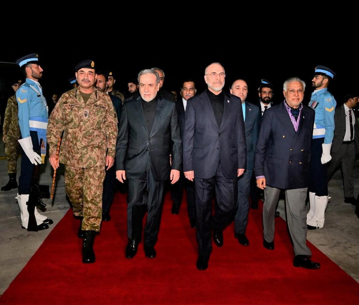 The Iranian delegation led by parliament speaker Mohammad Baqer Qalibaf and Foreign Minister Abbas Araqchi is welcomed by Pakistan’s Chief of Army Staff Asim Munir and Minister for Foreign Affairs Mohammad Ishaq Dar, as Pakistan prepares to host the U.S. and Iran for peace talks on Friday in Islamabad.  (Pakistan Ministry of Foreign Affairs)
