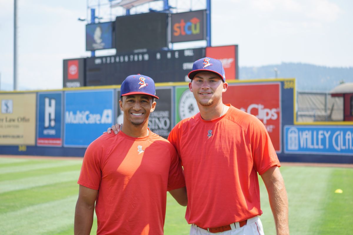Shortstop Ryan Ritter, left, and pitcher Connor Van Scoyoc pose for a photo at Avista Stadium. Both joined in the past two weeks.  (Spokane Indians)