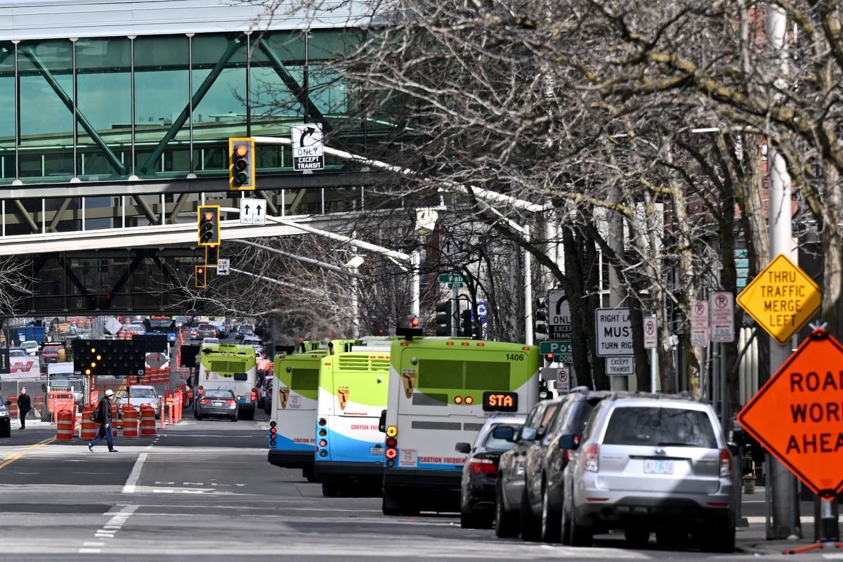 Construction season has begun on Riverside Avenue, seen Friday in downtown Spokane.  (Tyler Tjomsland/The Spokesman-Review)